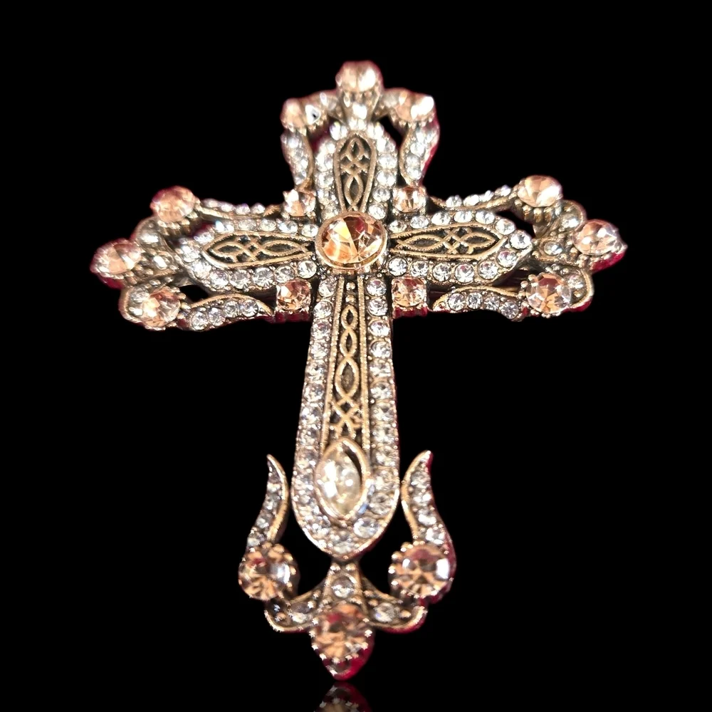 Elegant Silver and Gold Cross Rhinestone Brooch